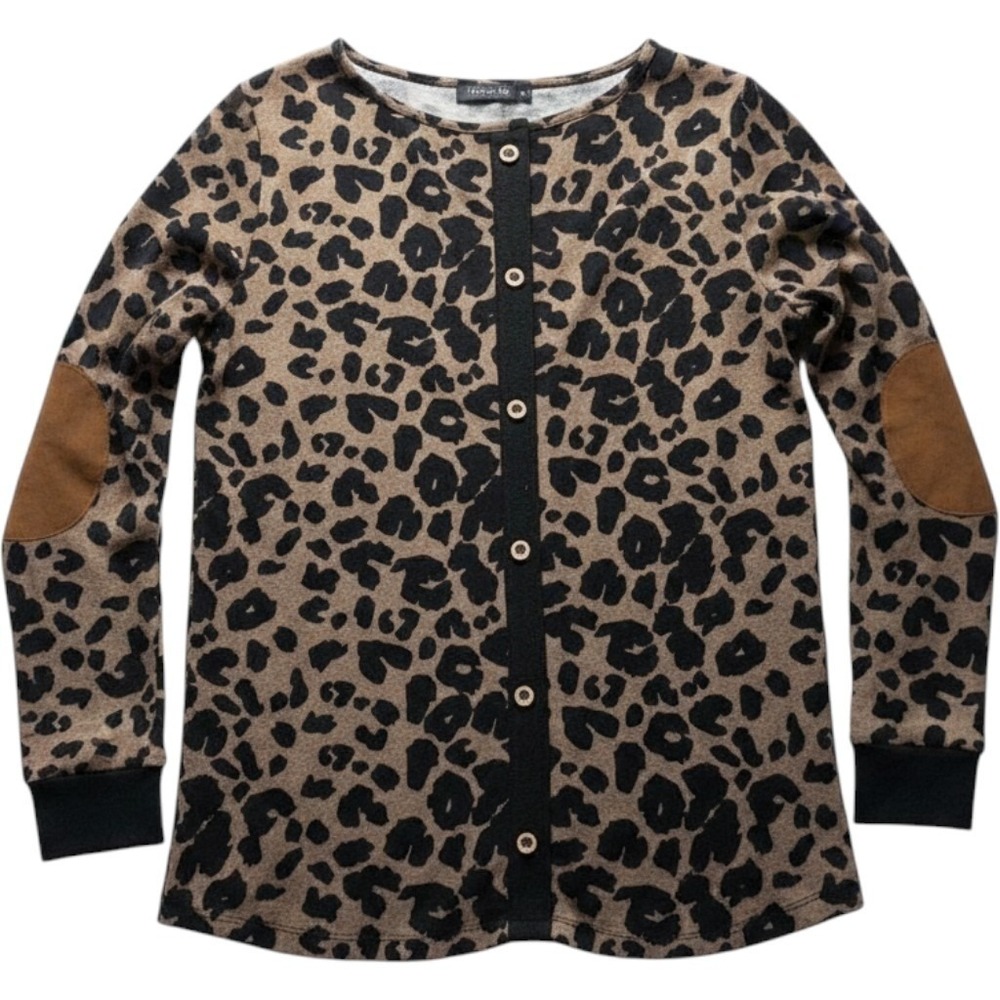 Pink Clover Womens Leopard Print Long Sleeve Top Elbow Patches Back Buttons Tan